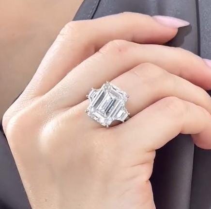 Emerald 10.00tcw Lab Diamond Three Stone Engagement Ring | IGI Certified | DEF VVS–VS Clarity