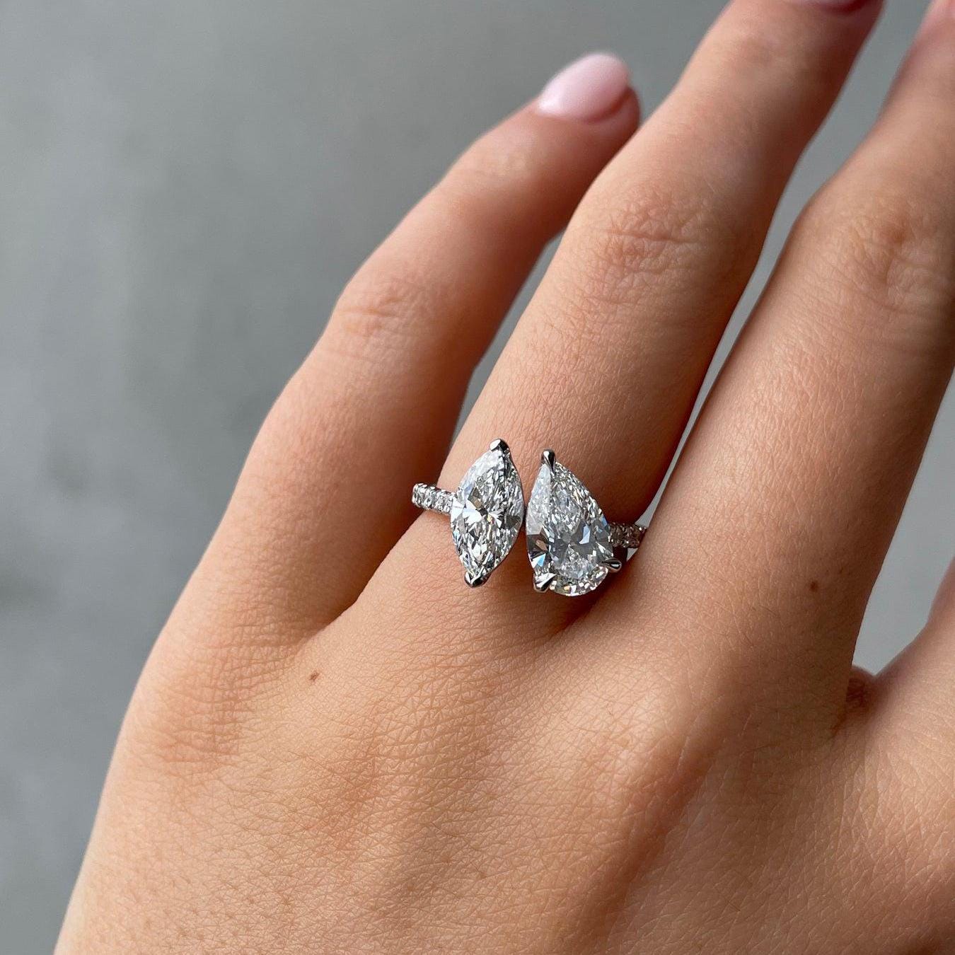 Pear & Marquise 2.8tcw Lab Grown Diamond Engagement Ring, EF Color, VS Clarity - AntiqueCut