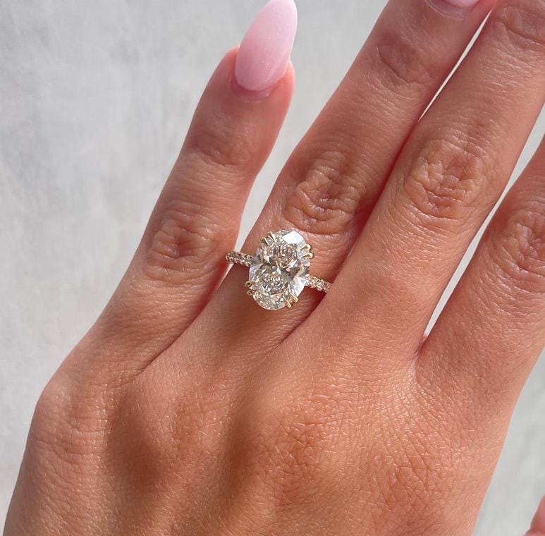 3.00ct Oval Lab Grown Diamond Engagement Ring | Double Claw & Hidden Halo | IGI Certified