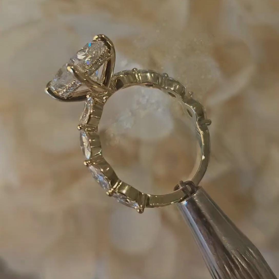 Cushion 4.00ct Lab Grown Diamond Engagement Ring | Hidden Halo | Marquise Side Stones | IGI Certified | D-E-F Color | VVS–VS Clarity | Ethical Fine Jewelry