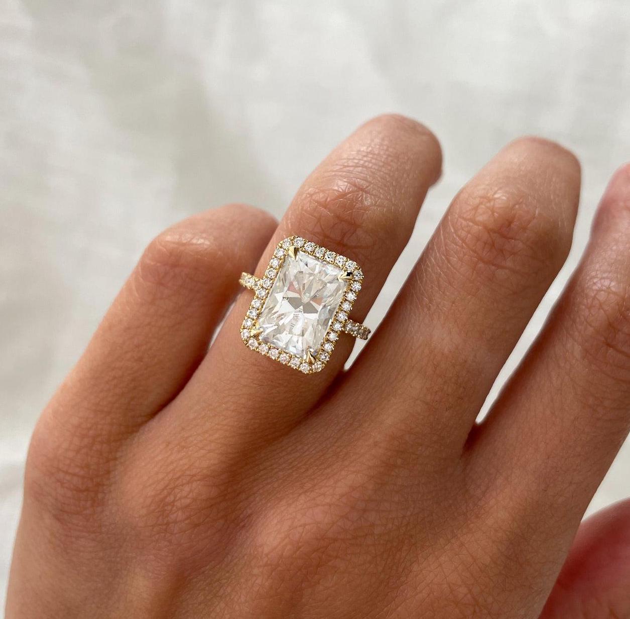 Radiant 5.3tcw Lab Grown Diamond Halo Pave Set Engagement Ring, EF Color, VS Clarity