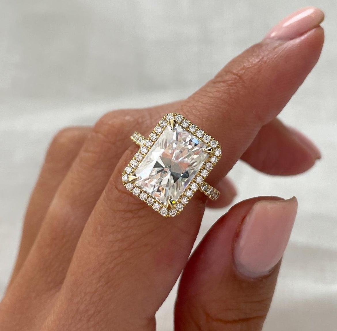 Radiant 5.3tcw Lab Grown Diamond Halo Pave Set Engagement Ring, EF Color, VS Clarity