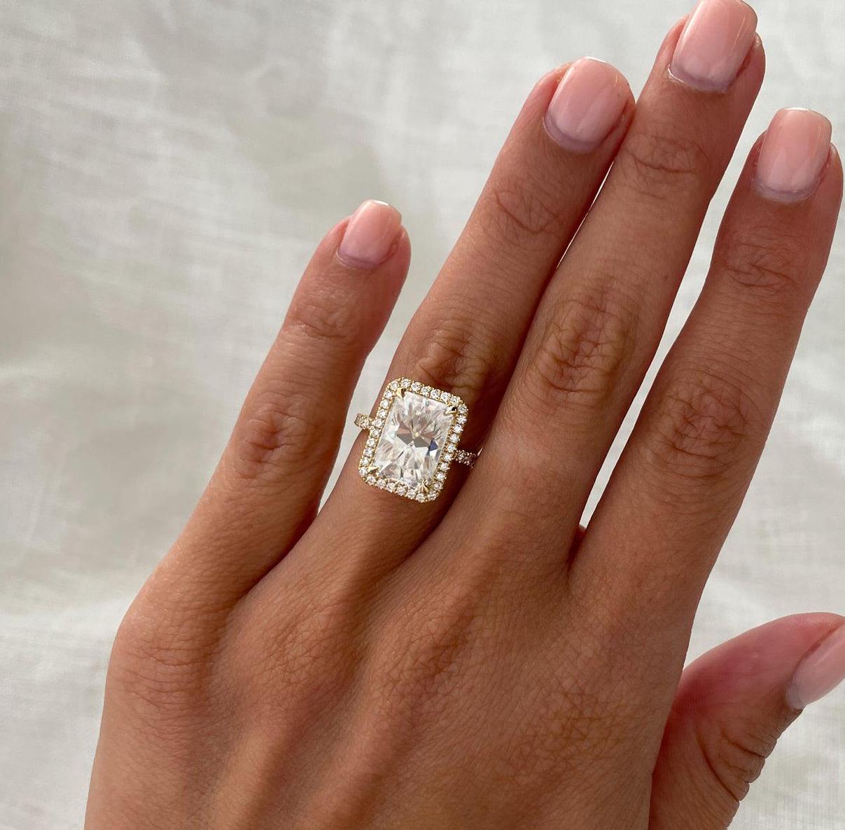 Radiant 5.3tcw Lab Grown Diamond Halo Pave Set Engagement Ring, EF Color, VS Clarity