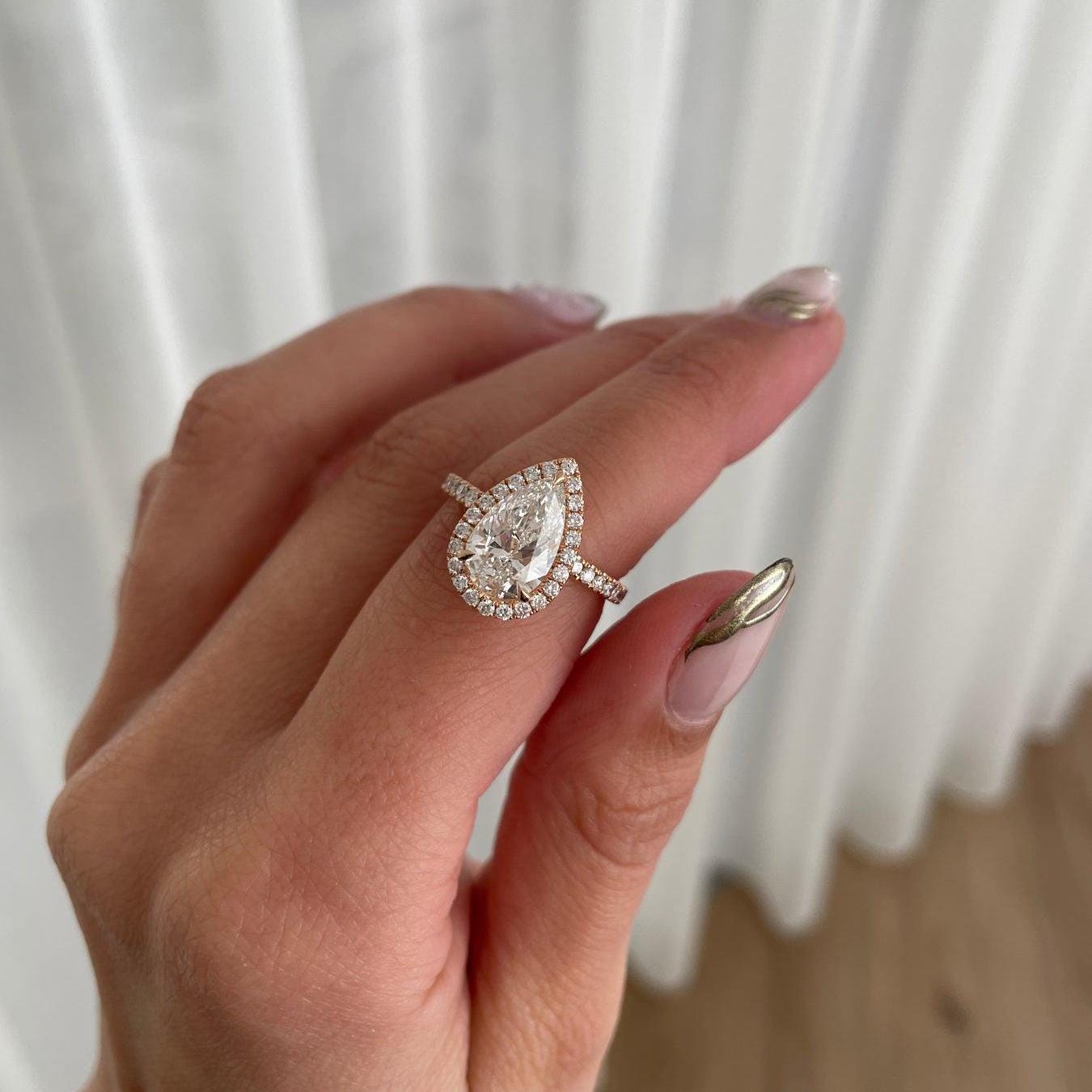 4.40tcw Pear Lab Grown Diamond Halo Pave Engagement Ring | IGI Certified | DEF Color | VVS–VS Clarity