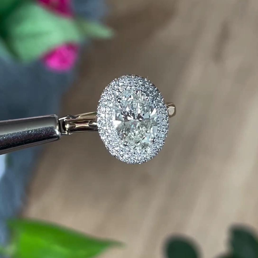 Oval 2.70tcw Lab Grown Diamond Triple Halo Engagement Ring | IGI Certified | AntiqueCut