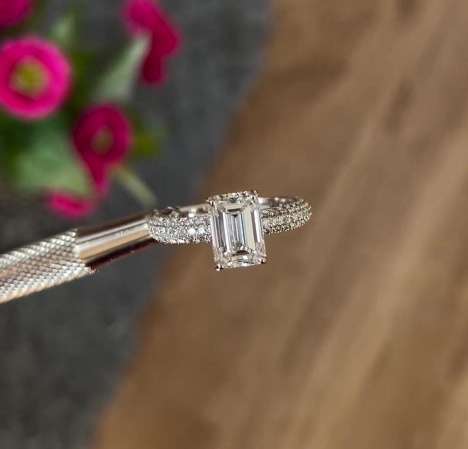 2.50tcw Emerald Lab Grown Diamond Engagement Ring | Pave Hidden Halo | IGI Certified | White Gold