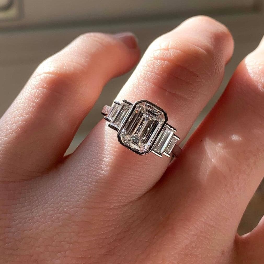 3.00tcw Emerald Lab Grown Diamond Bezel Engagement Ring | Baguette Side Stones | IGI Certified