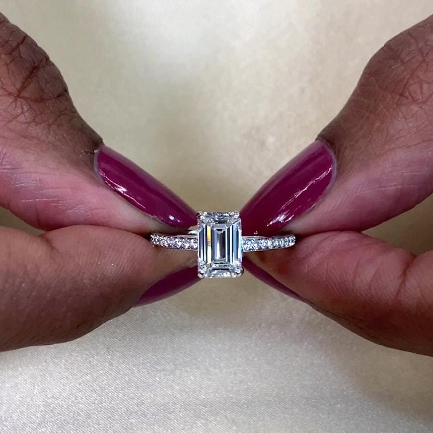 1.50tcw Emerald Lab Diamond Engagement Ring | Hidden Halo | Cathedral Setting | IGI Certified