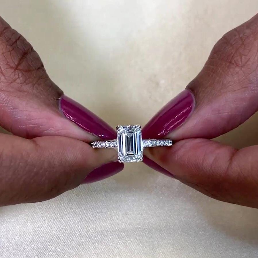 1.50tcw Emerald Lab Diamond Engagement Ring | Hidden Halo | Cathedral Setting | IGI Certified