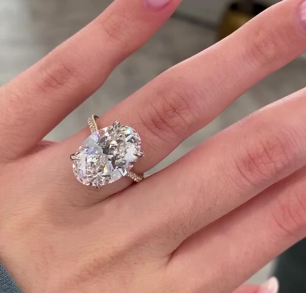 Oval 9.60tcw Lab Grown Diamond Engagement Ring | D-E-F Color | VVS–VS Clarity | IGI Certified | Pavé Setting | 10K 14K 18K Gold