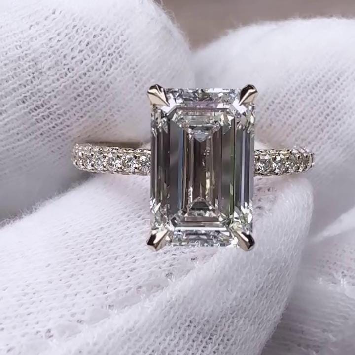 6.00tcw Emerald Lab Diamond Hidden Halo Pavé Ring | 5.00ct Center | IGI Certified