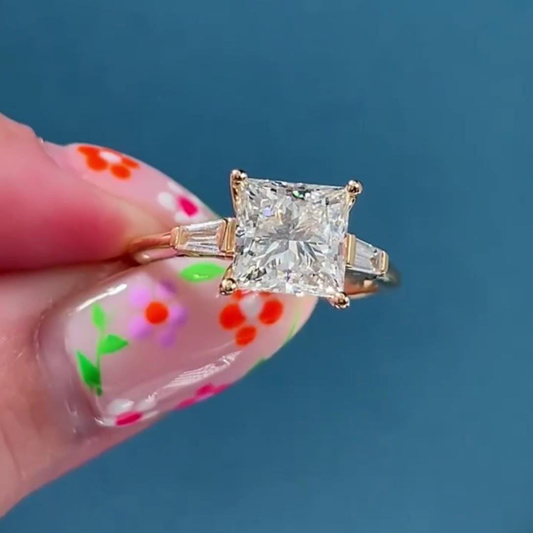 2.50tcw Princess Lab Diamond Engagement Ring | Tapered Baguette Sides | IGI Certified | Yellow Gold