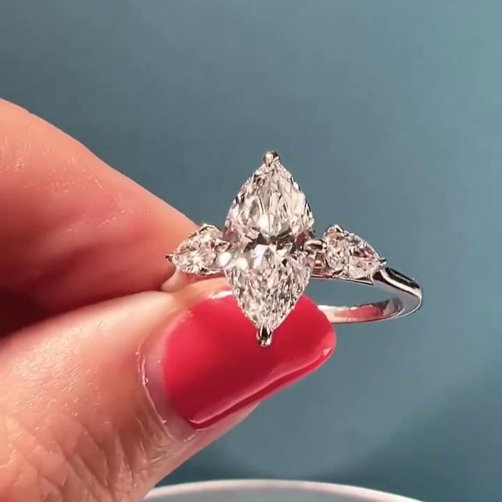 Marquise 3.50tcw Lab Diamond Engagement Ring | Three Stone | Pear Side Stones