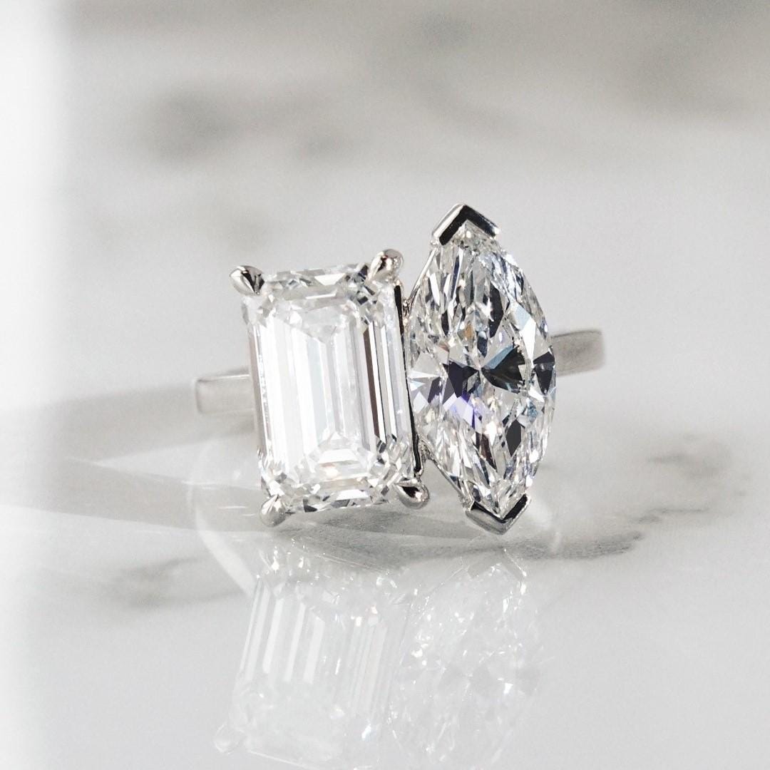 5.00tcw Marquise & Emerald Toi Et Moi Lab Diamond Ring | IGI Certified | 10K–18K Gold | AntiqueCut