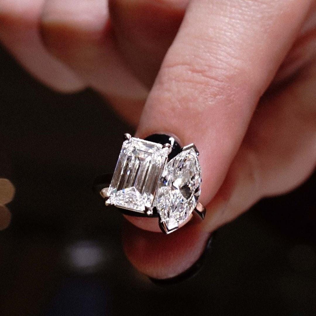 5.00tcw Marquise & Emerald Toi Et Moi Lab Diamond Ring | IGI Certified | 10K–18K Gold | AntiqueCut