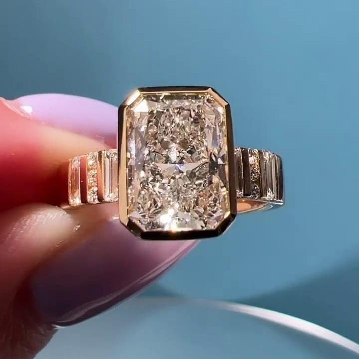 Radiant Cut 3.00ct Center, 1.00ct Side Stones Lab Diamond Ring | Bezel Set | IGI Certified | 18k Gold