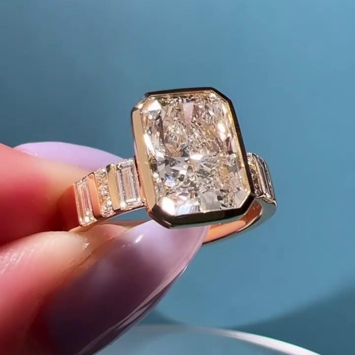 Radiant Cut 3.00ct Center, 1.00ct Side Stones Lab Diamond Ring | Bezel Set | IGI Certified | 18k Gold