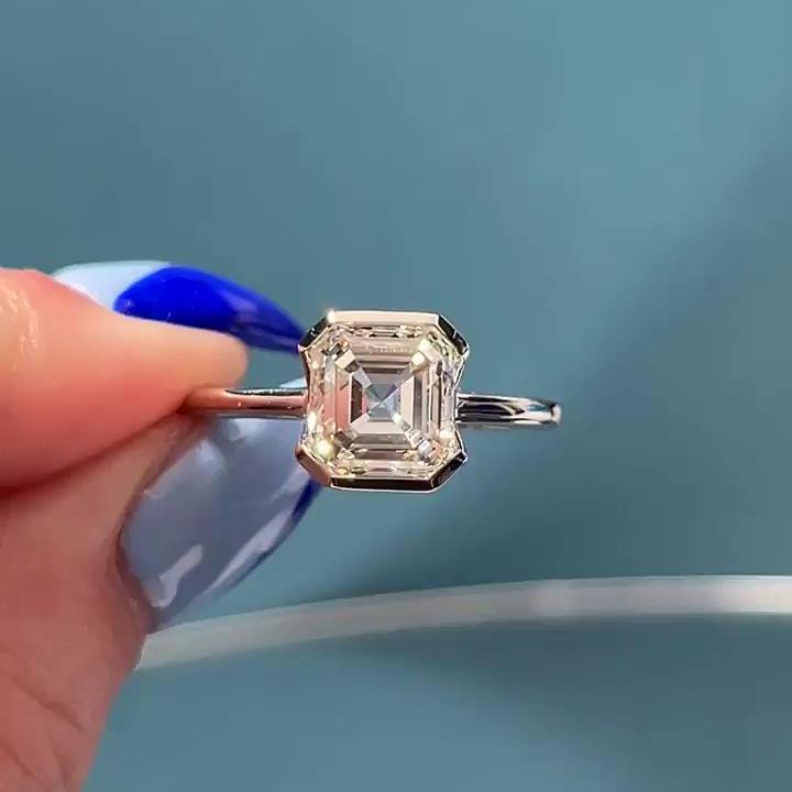 1.50ct Asscher Lab Grown Diamond Half Bezel Engagement Ring | IGI Certified | DEF Color | VVS–VS Clarity