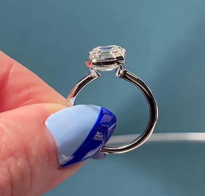 1.50ct Asscher Lab Grown Diamond Half Bezel Engagement Ring | IGI Certified | DEF Color | VVS–VS Clarity