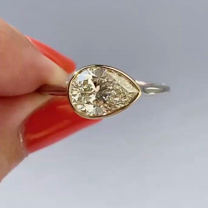 3.00 Carat Pear Fancy Yellow Lab Diamond Ring | East-West Bezel | IGI | Ethical Gold