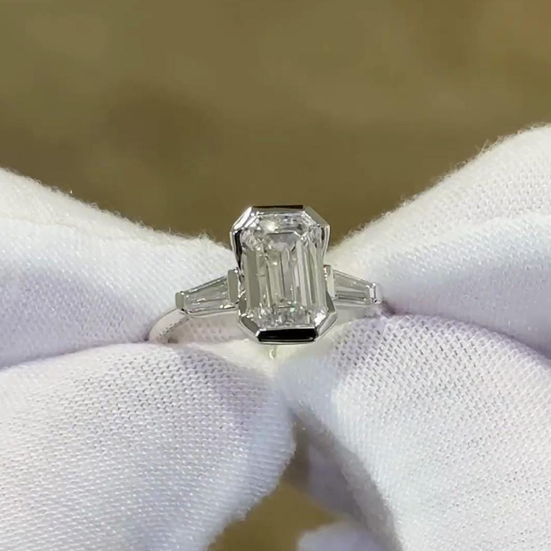 2.50tcw Emerald Lab Grown Diamond Three Stone Half Bezel Engagement Ring | IGI Certified | Custom Gold