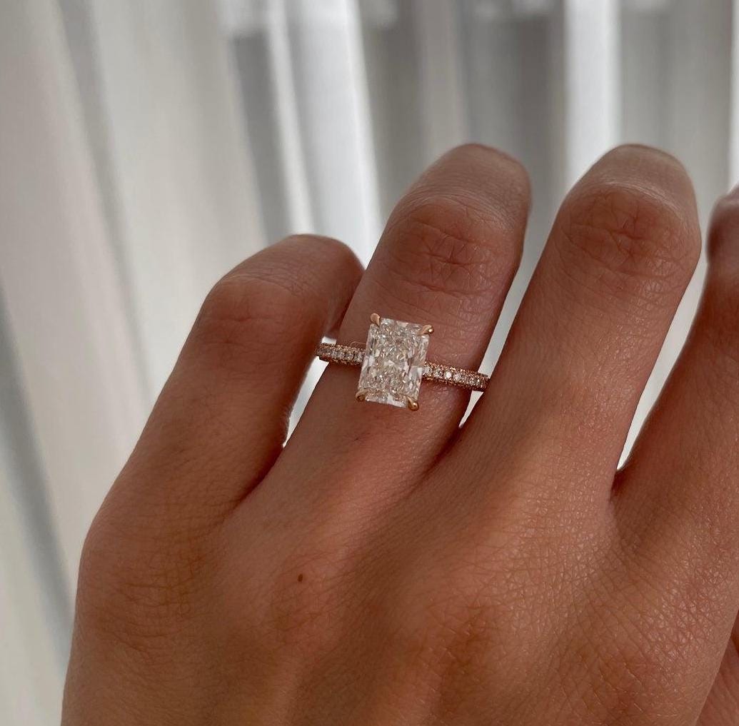 Radiant Cut 3.00tcw Lab Diamond Ring | IGI Certified | Rose Gold with Hidden Halo Design