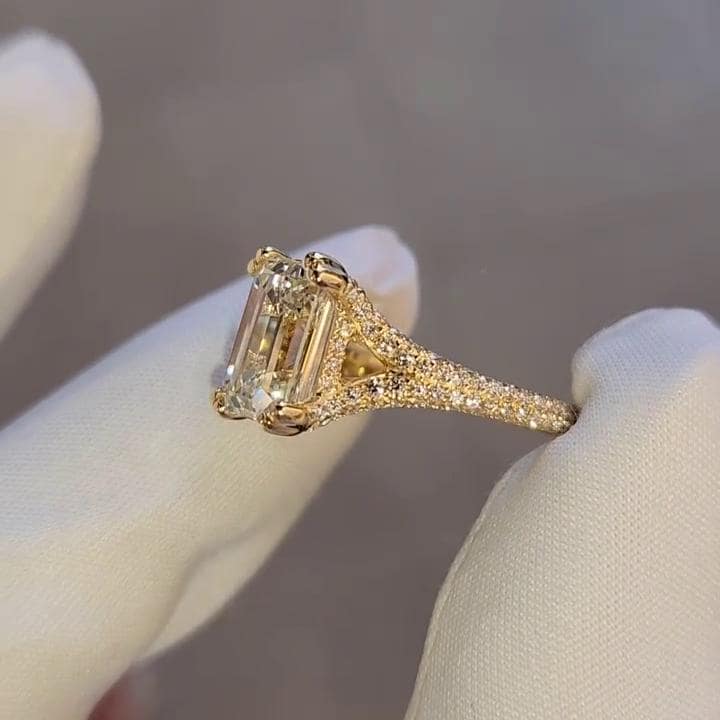 Emerald 3.50tcw Lab Diamond Pave Split Band Engagement Ring | IGI Certified | Double Prong