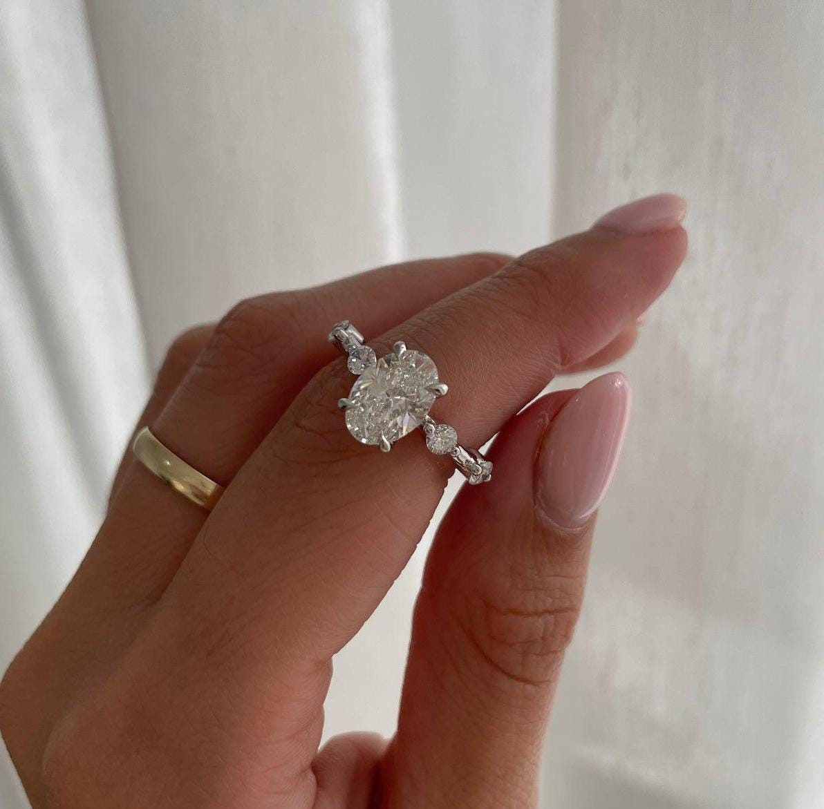 3.00tcw Oval Lab Grown Diamond Solitaire with Hidden Halo and Accent Stones Engagement Ring, D-E-F Color, VVS-VS Clarity