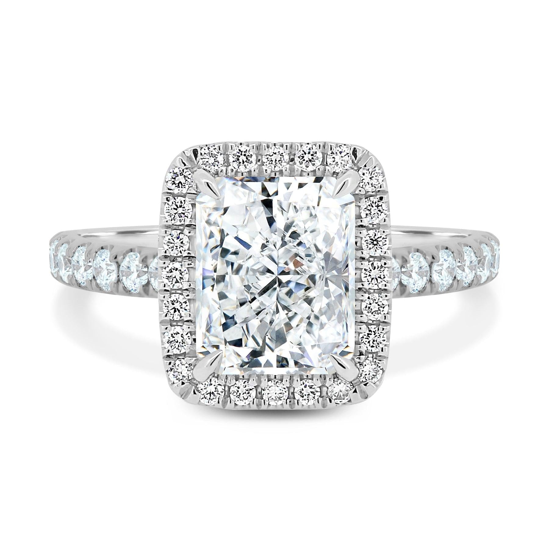 Radiant 5.3tcw Lab Grown Diamond Halo Pave Set Engagement Ring, EF Color, VS Clarity