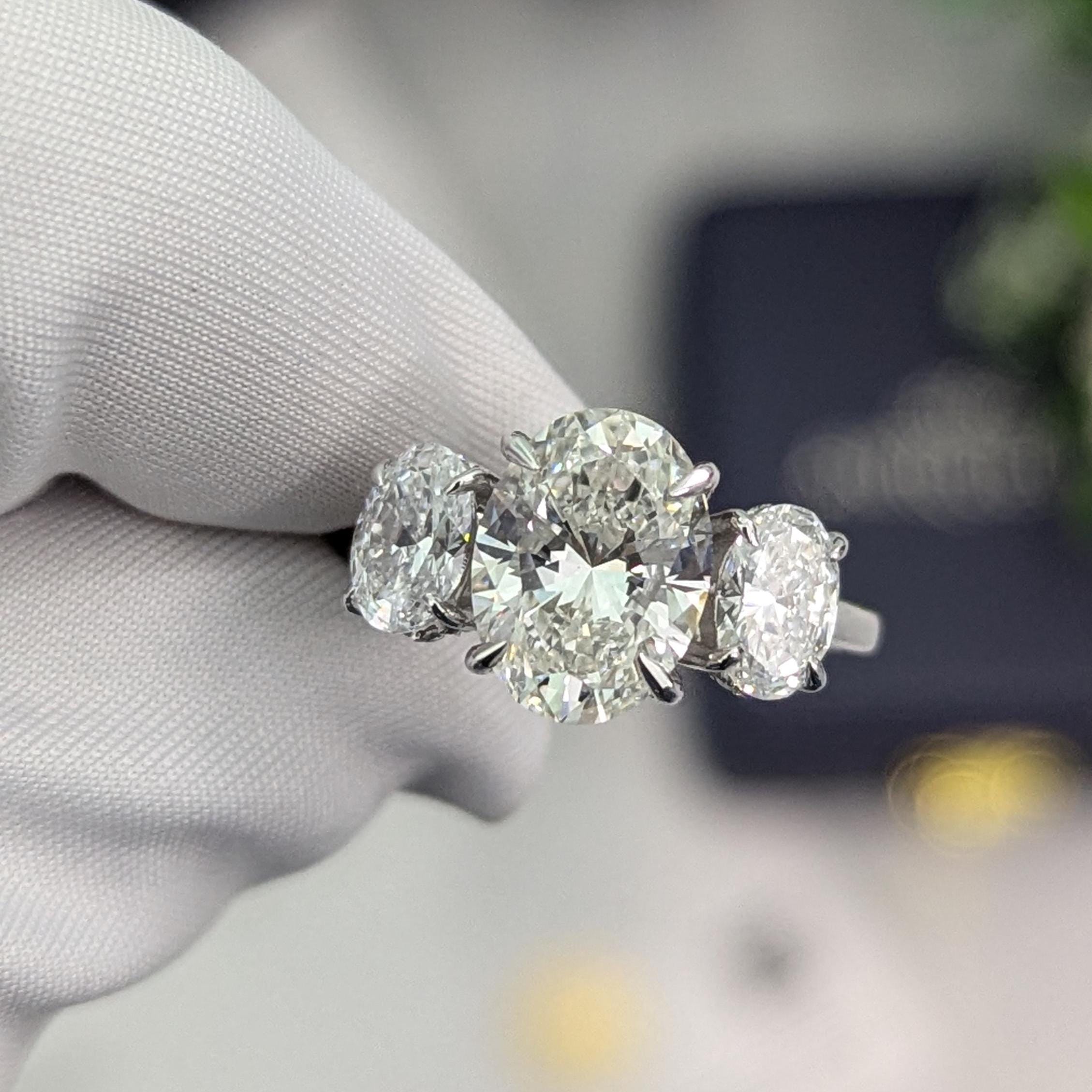Oval 3.30tcw Lab Diamond Ring | Hidden Halo | Three Stone IGI Certified | DEF VVS–VS | White Gold
