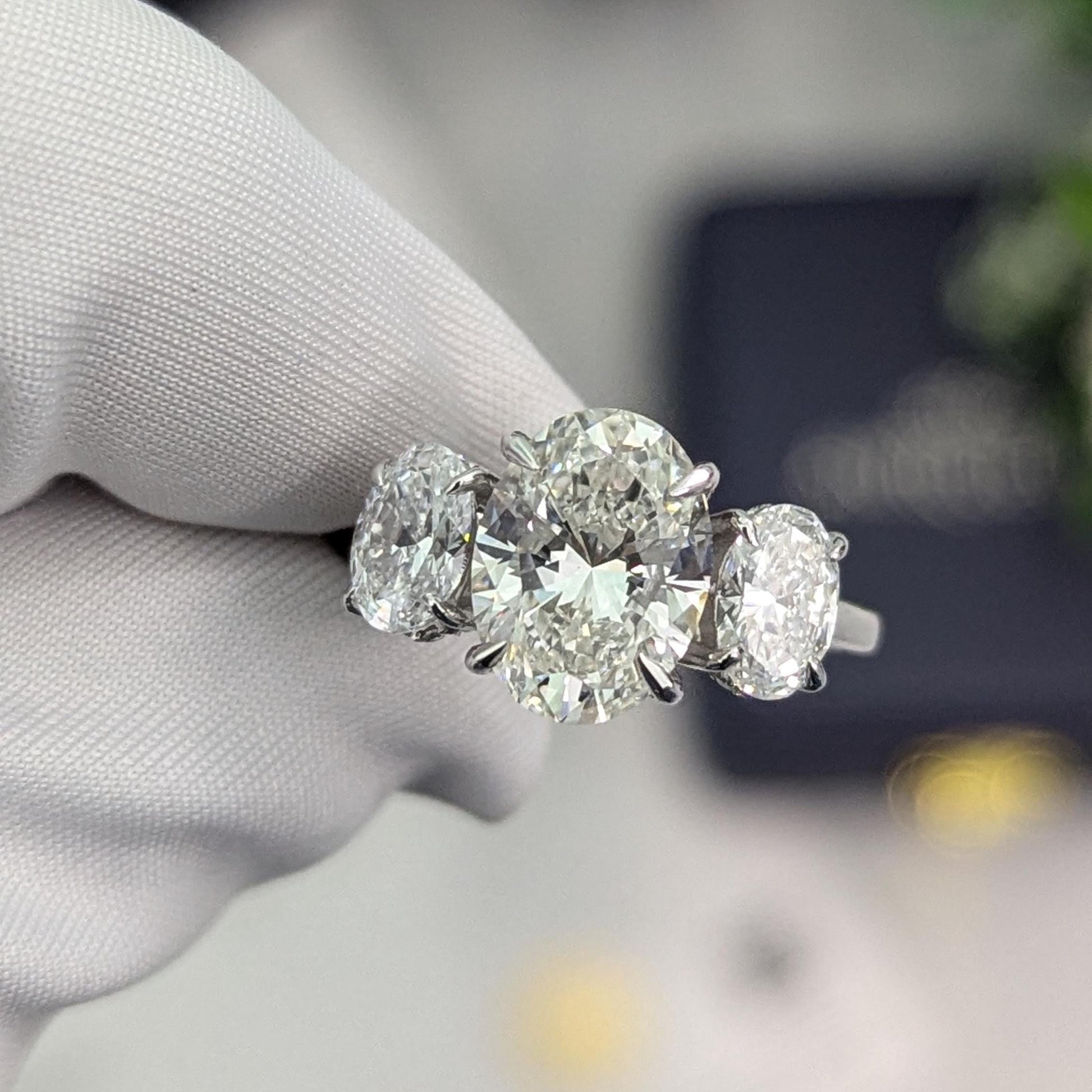 Oval 3.30tcw Lab Diamond Ring | Hidden Halo | Three Stone IGI Certified | DEF VVS–VS | White Gold