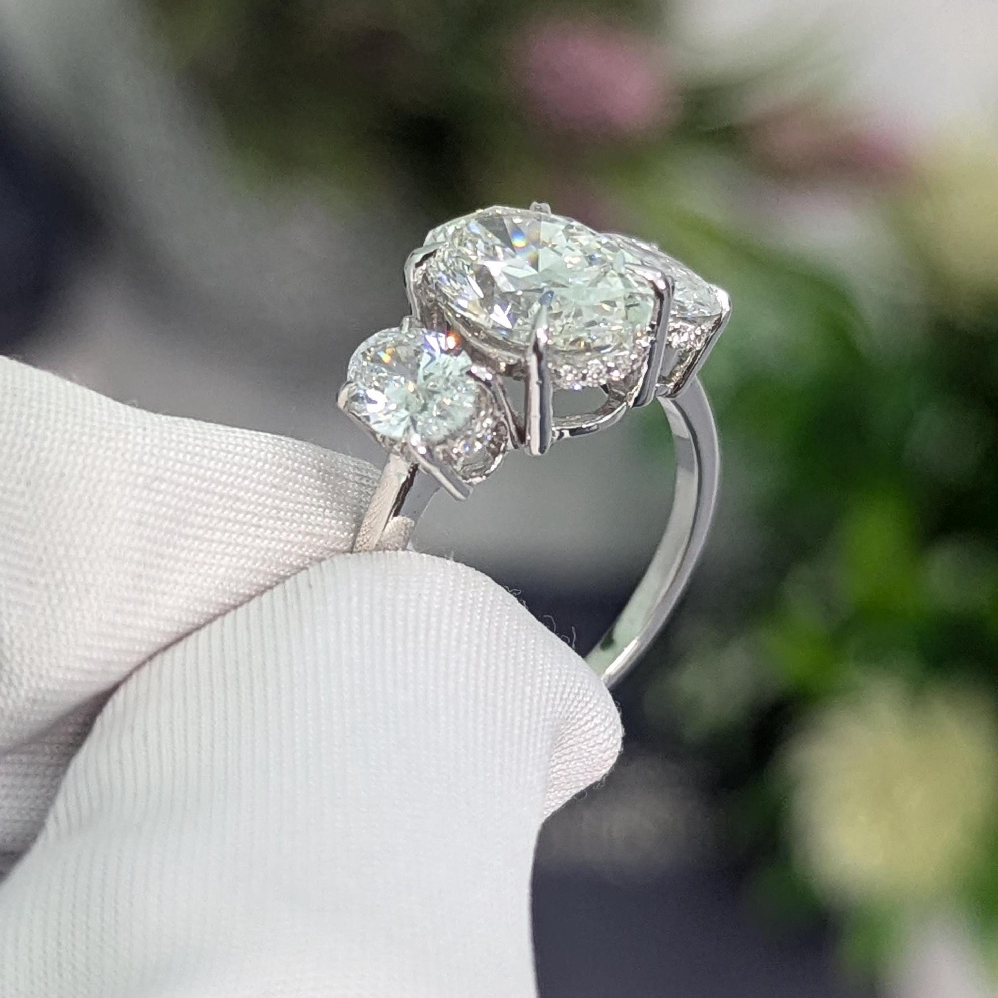 Oval 3.30tcw Lab Diamond Ring | Hidden Halo | Three Stone IGI Certified | DEF VVS–VS | White Gold