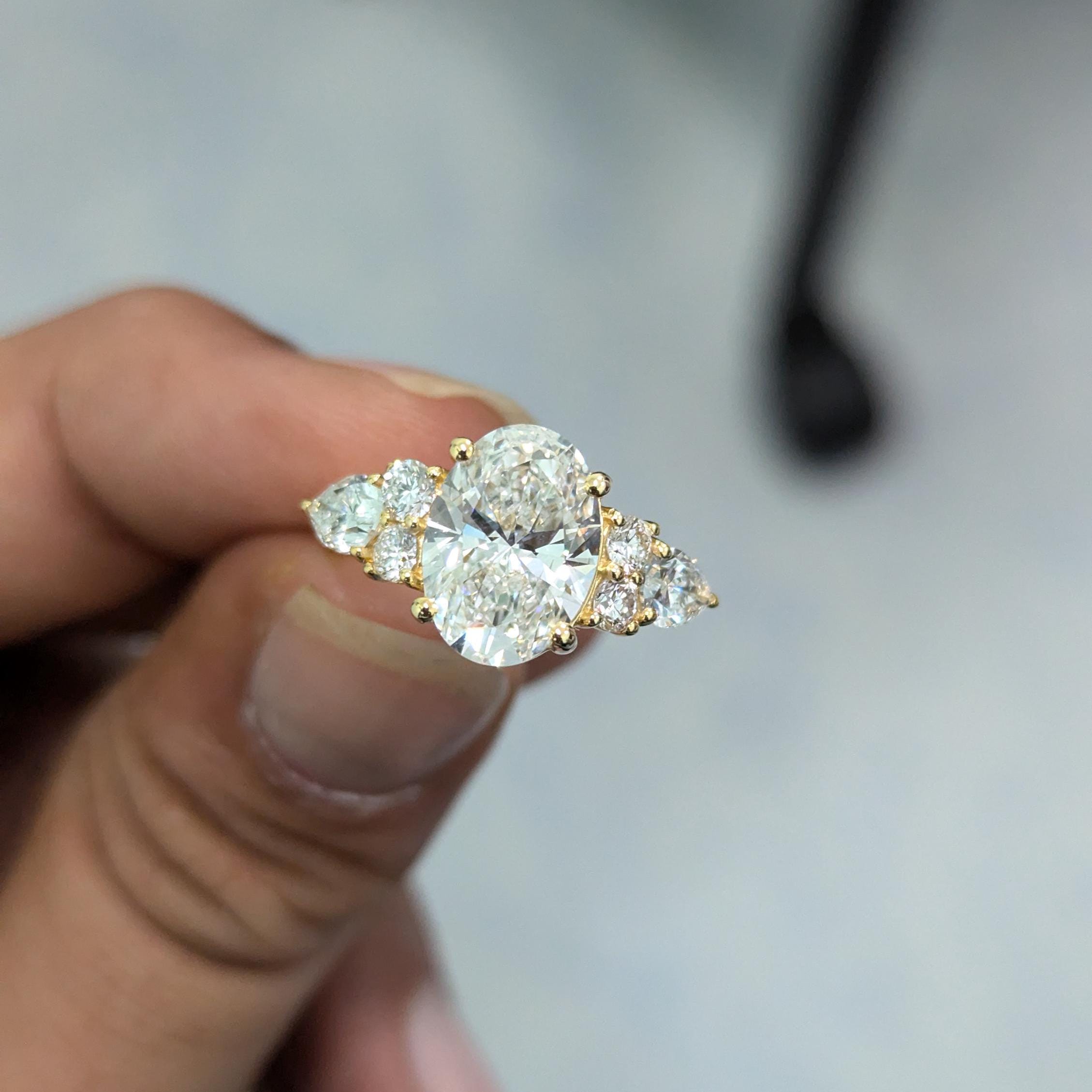 Oval 3.75tcw Lab Grown Diamond Pear Side Stone Engagement Ring, EF Color, VS Clarity, IGI Certificate