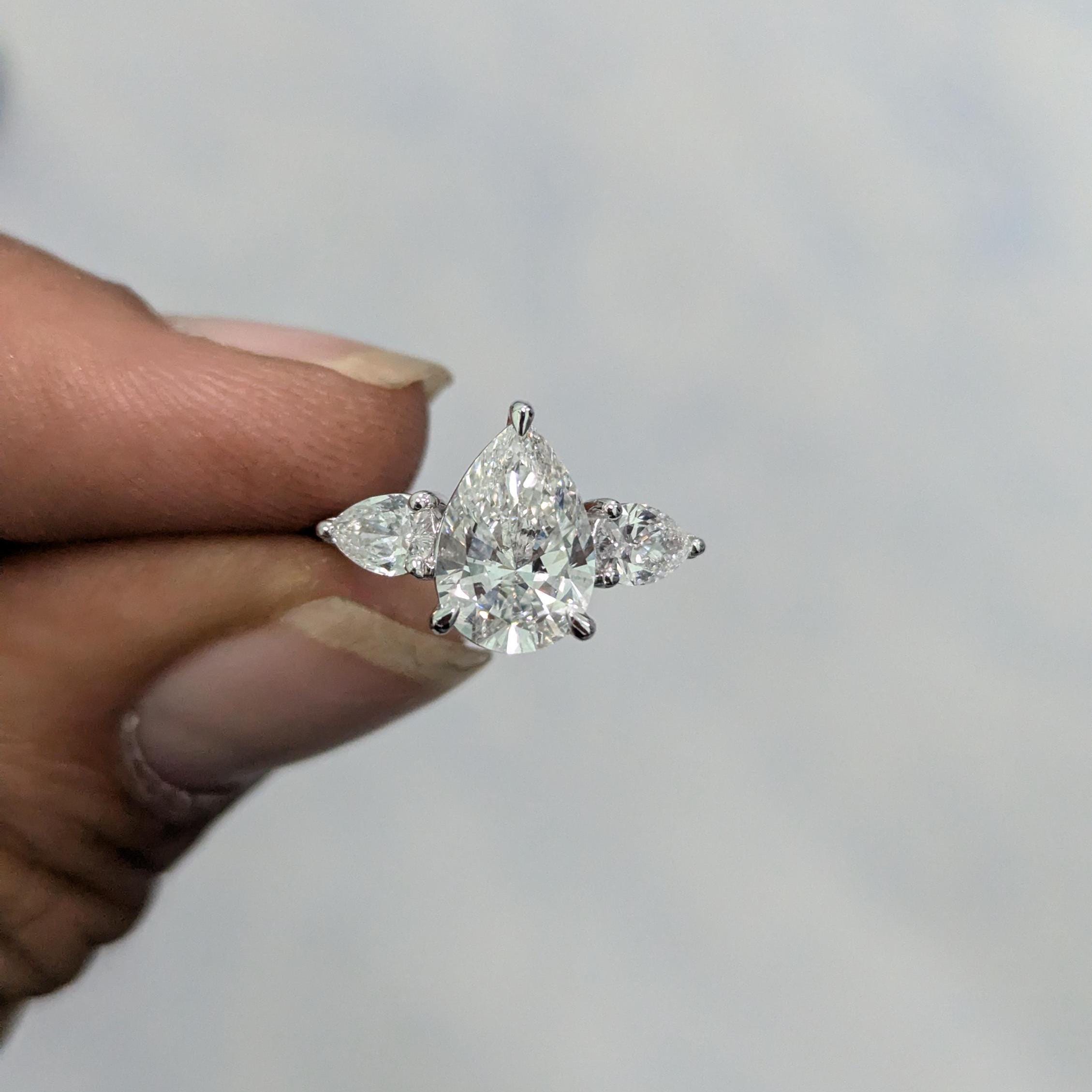 Pear 1.90tcw Lab Diamond Three Stone Engagement Ring | IGI Certified | D-E-F | VVS–VS Clarity
