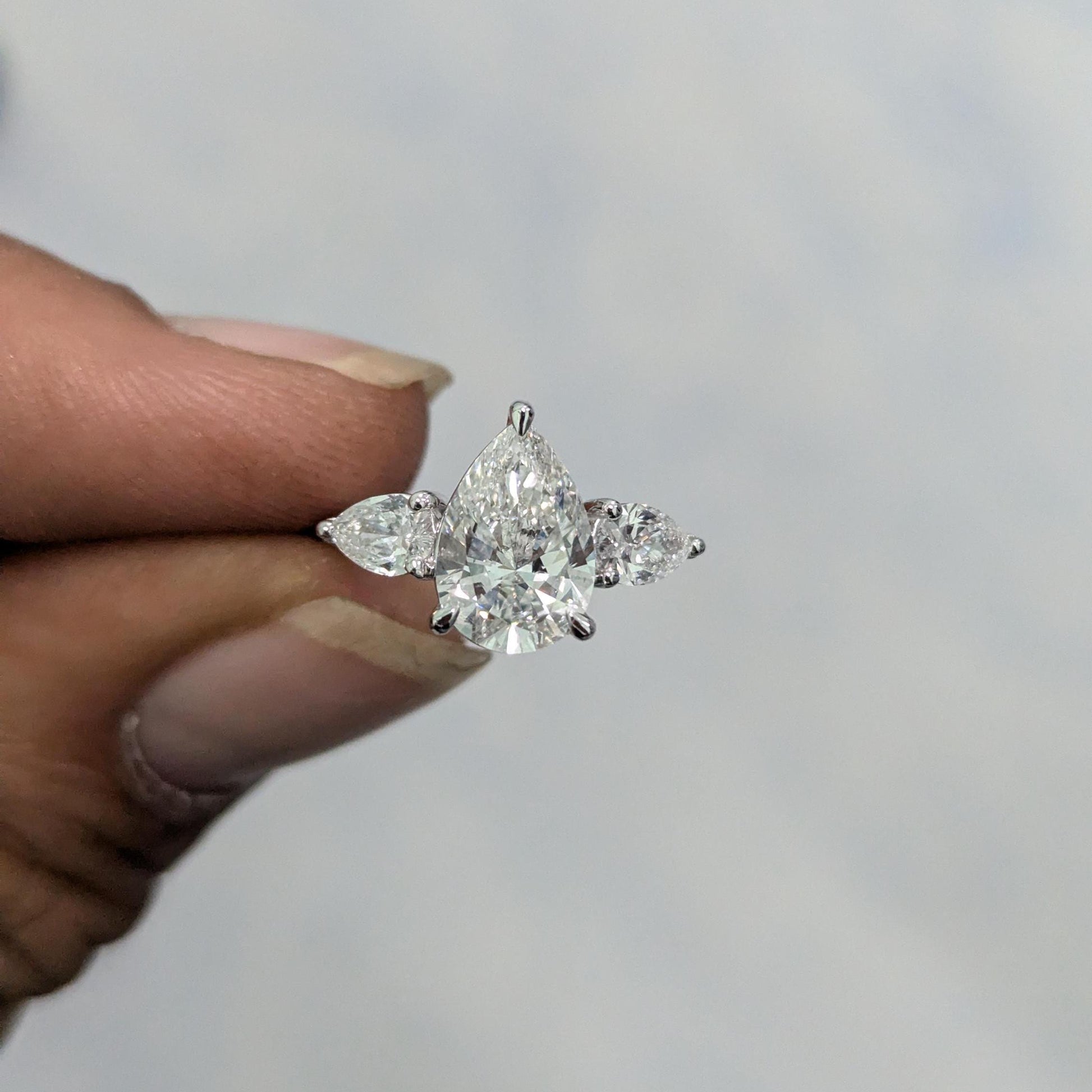 Pear 1.90tcw Lab Diamond Three Stone Engagement Ring | IGI Certified | D-E-F | VVS–VS Clarity