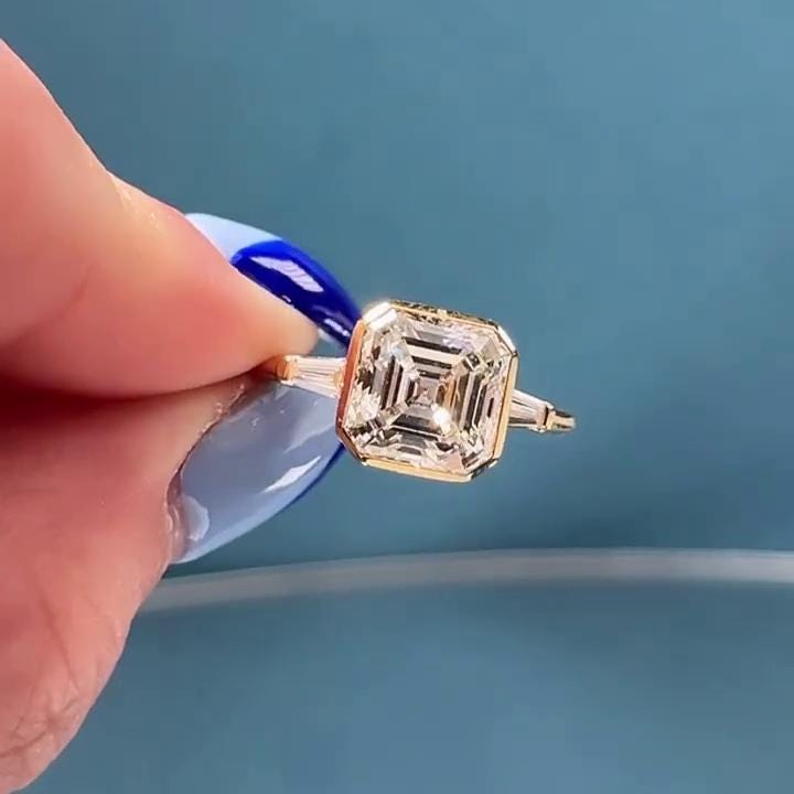 2.60tcw Asscher Lab Grown Diamond Bezel Three Stone Engagement Ring | IGI Certified | Yellow Gold