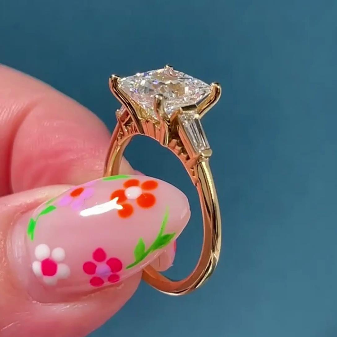 2.50tcw Princess Lab Diamond Engagement Ring | Tapered Baguette Sides | IGI Certified | Yellow Gold