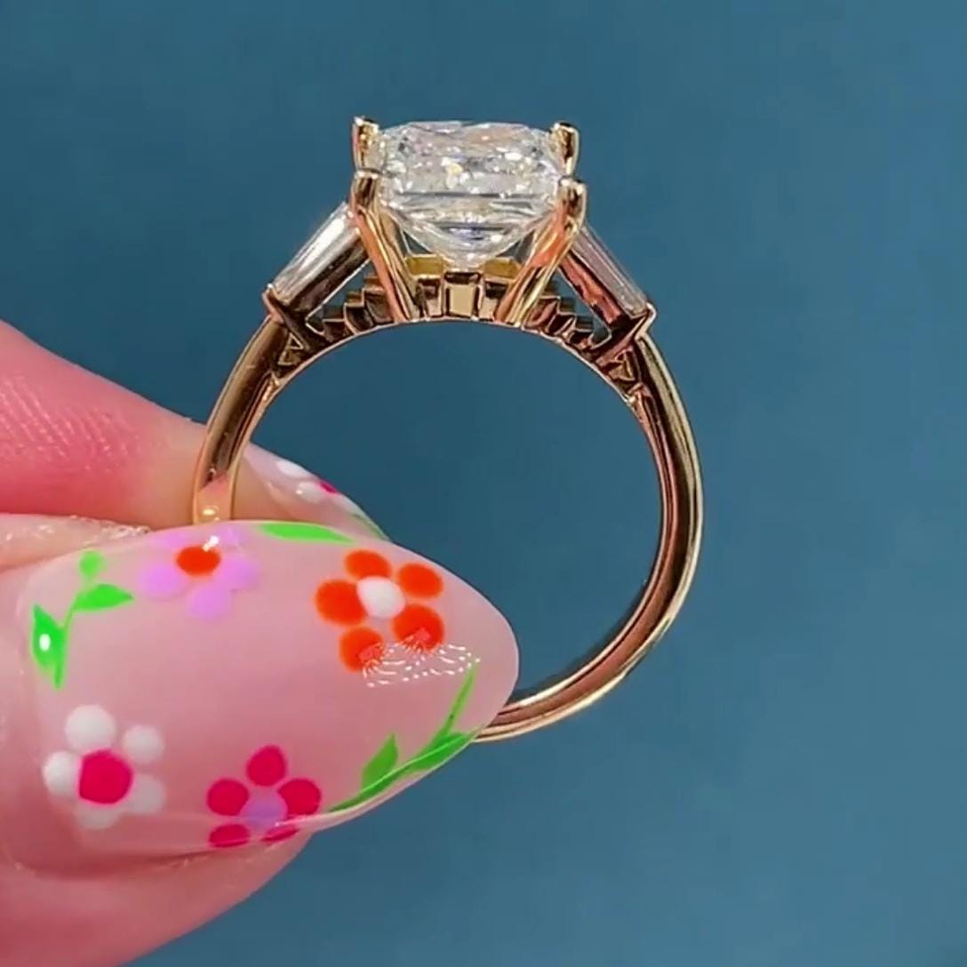 2.50tcw Princess Lab Diamond Engagement Ring | Tapered Baguette Sides | IGI Certified | Yellow Gold