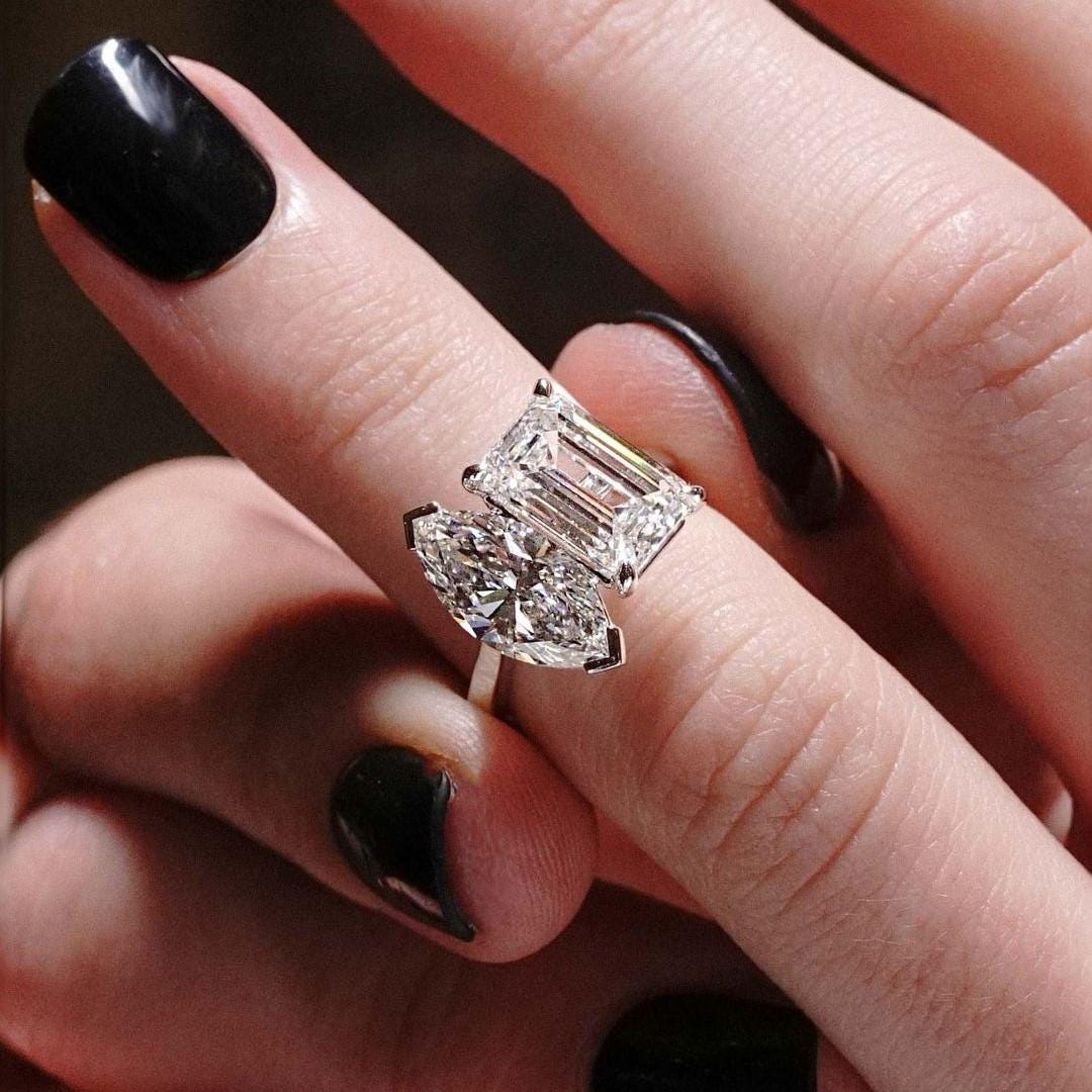 5.00tcw Marquise & Emerald Toi Et Moi Lab Diamond Ring | IGI Certified | 10K–18K Gold | AntiqueCut