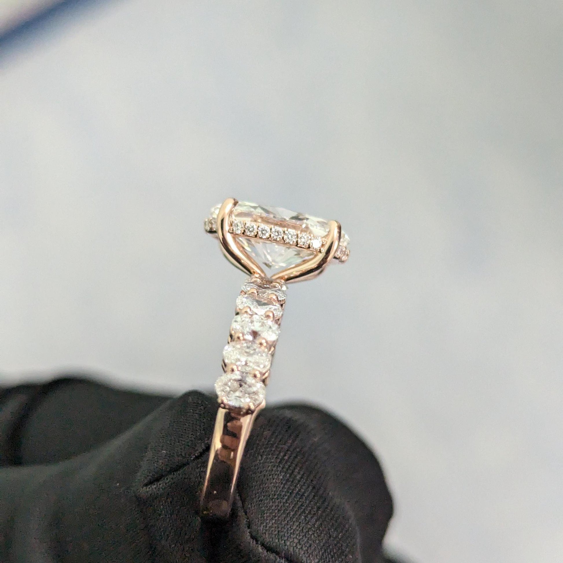 Oval 4.2tcw Lab Grown Diamond scalloped pave Hidden Halo Engagement Ring, EF Color, VS Clarity