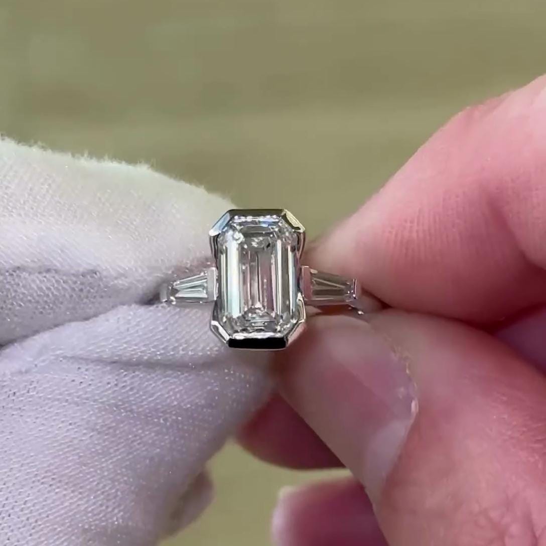 2.50tcw Emerald Lab Grown Diamond Three Stone Half Bezel Engagement Ring | IGI Certified | Custom Gold