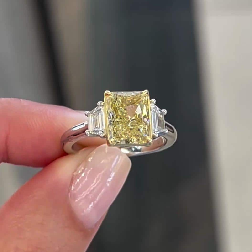 Radiant 3.5tcw Lab Grown Diamond Fancy Yellow Three Stone Engagement Ring, EF Color, VS Clarity
