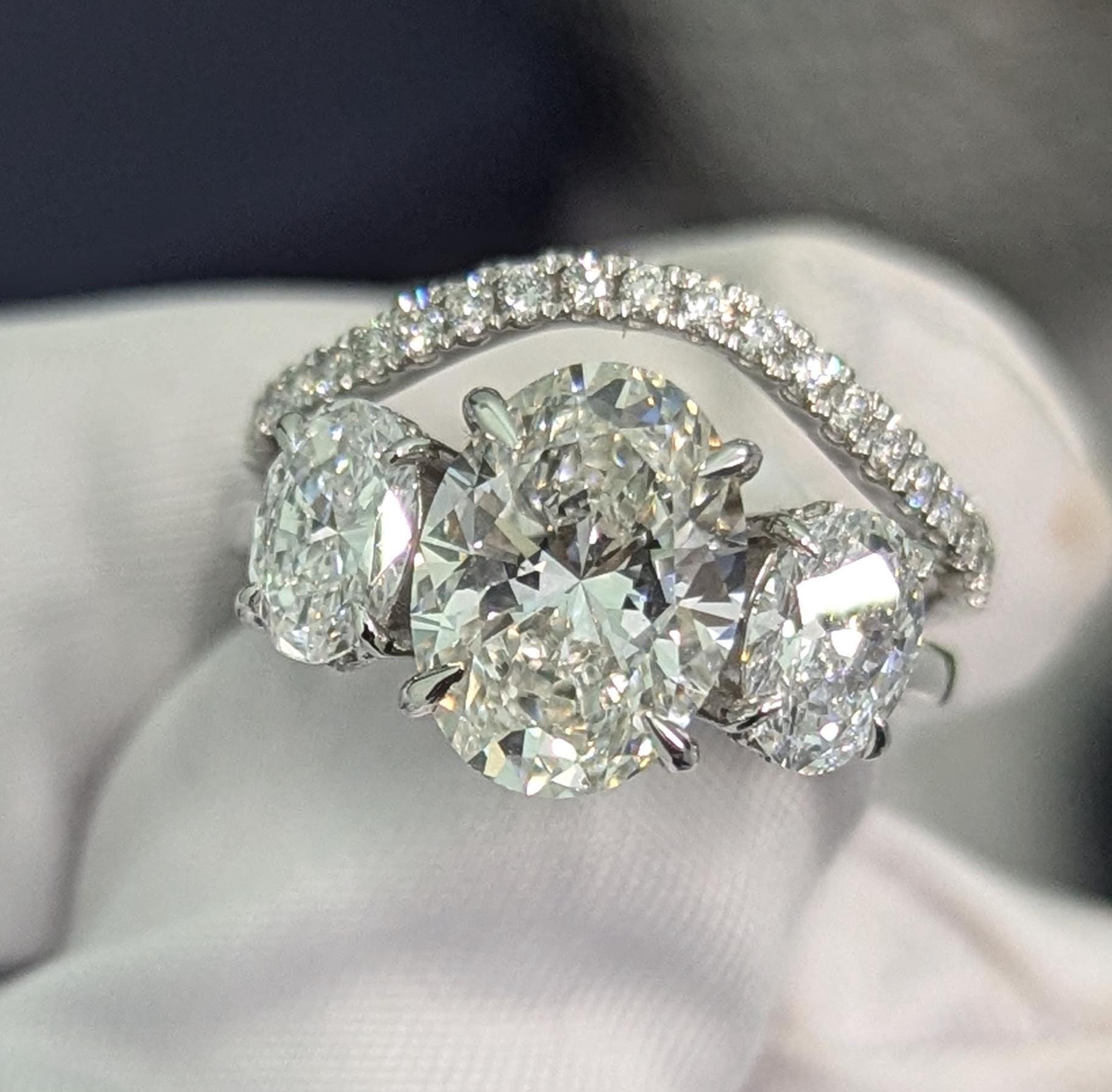 Oval 3.50tcw Lab Diamond Ring Set | Hidden Halo Three Stone | IGI Certified | D-E-F VVS–VS