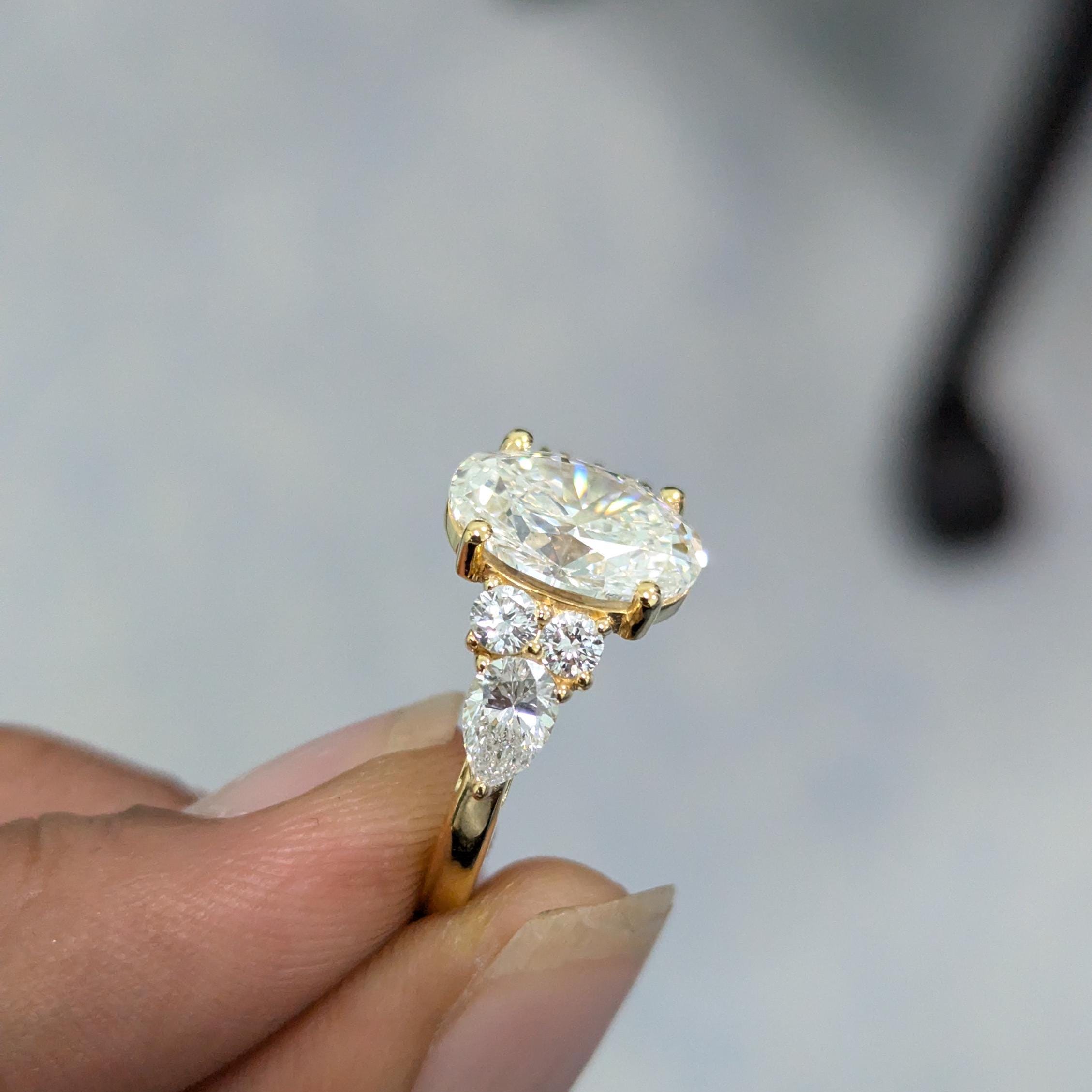 Oval 3.75tcw Lab Grown Diamond Pear Side Stone Engagement Ring, EF Color, VS Clarity, IGI Certificate