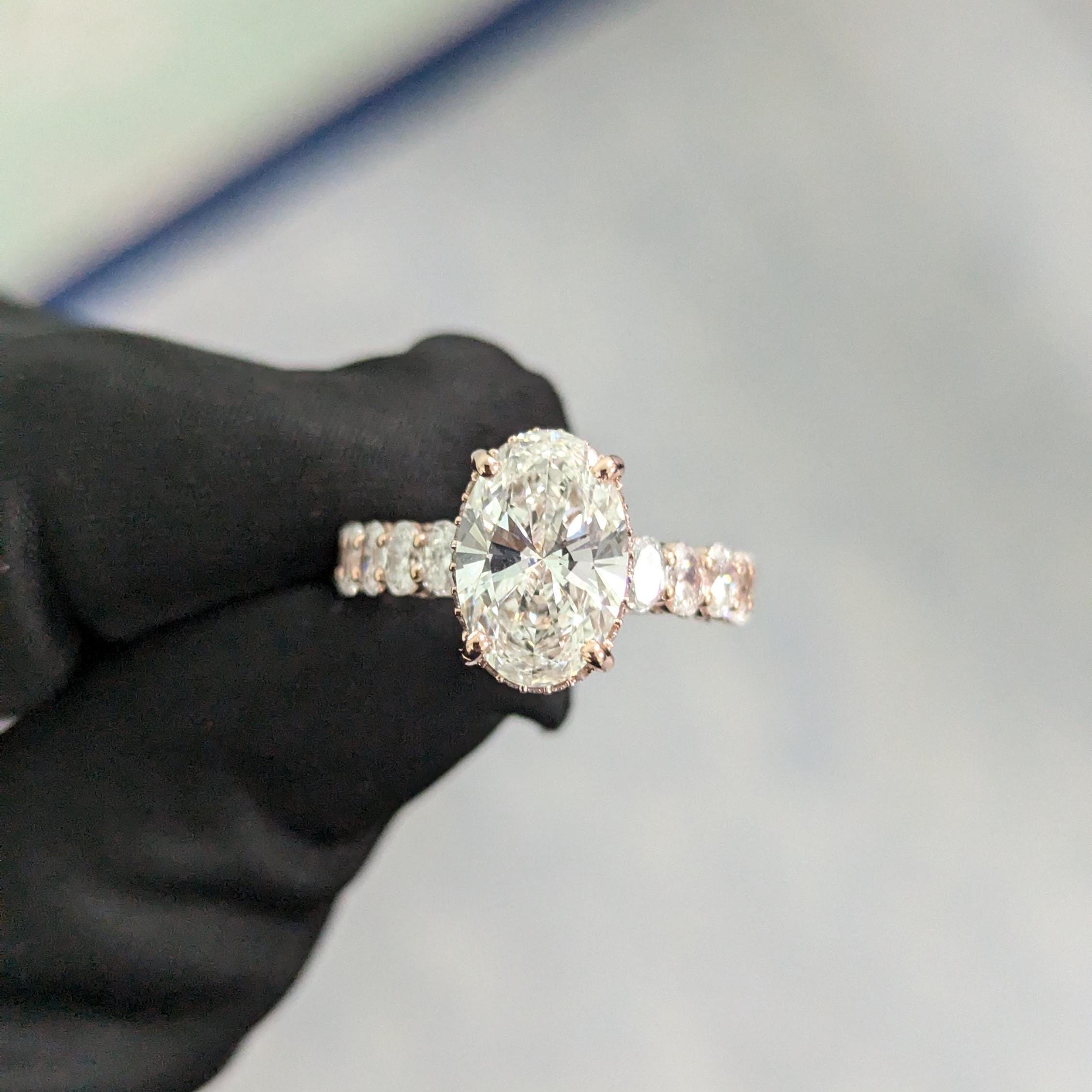 Oval 4.2tcw Lab Grown Diamond scalloped pave Hidden Halo Engagement Ring, EF Color, VS Clarity
