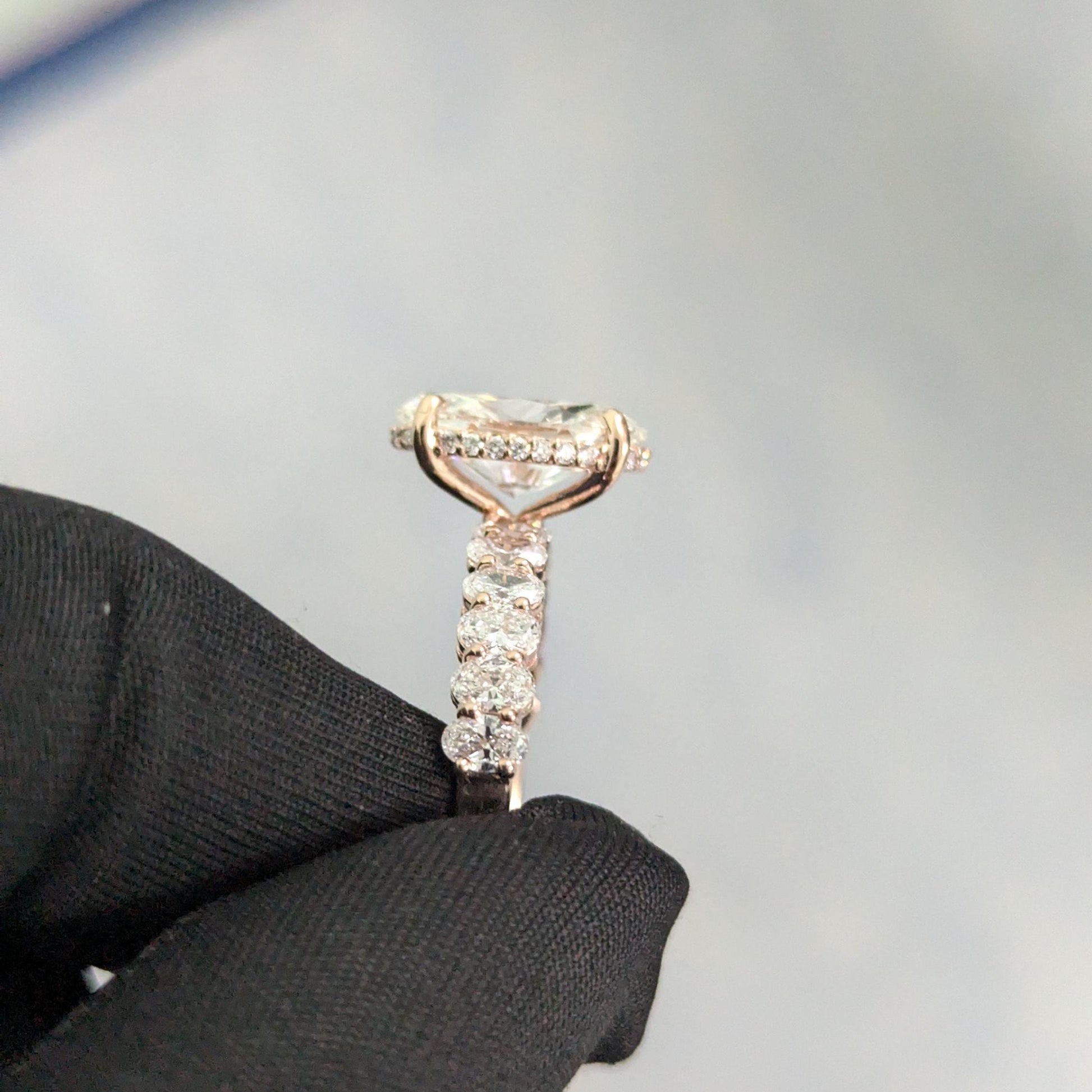 Oval 4.2tcw Lab Grown Diamond scalloped pave Hidden Halo Engagement Ring, EF Color, VS Clarity