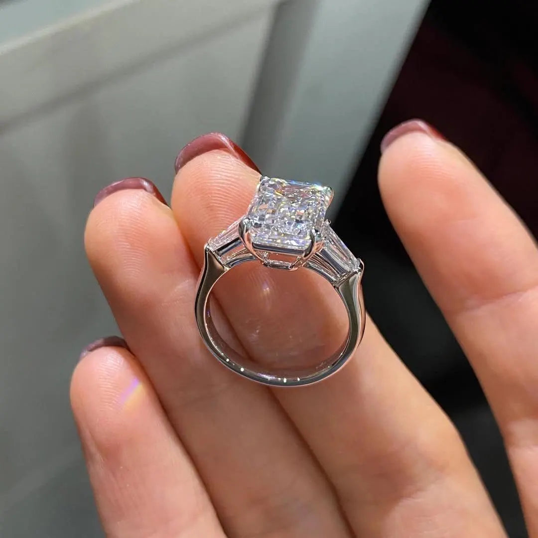 Emerald 5.50tcw Lab Diamond Three Stone Cathedral Ring | IGI Certified | D-E-F | VVS–VS