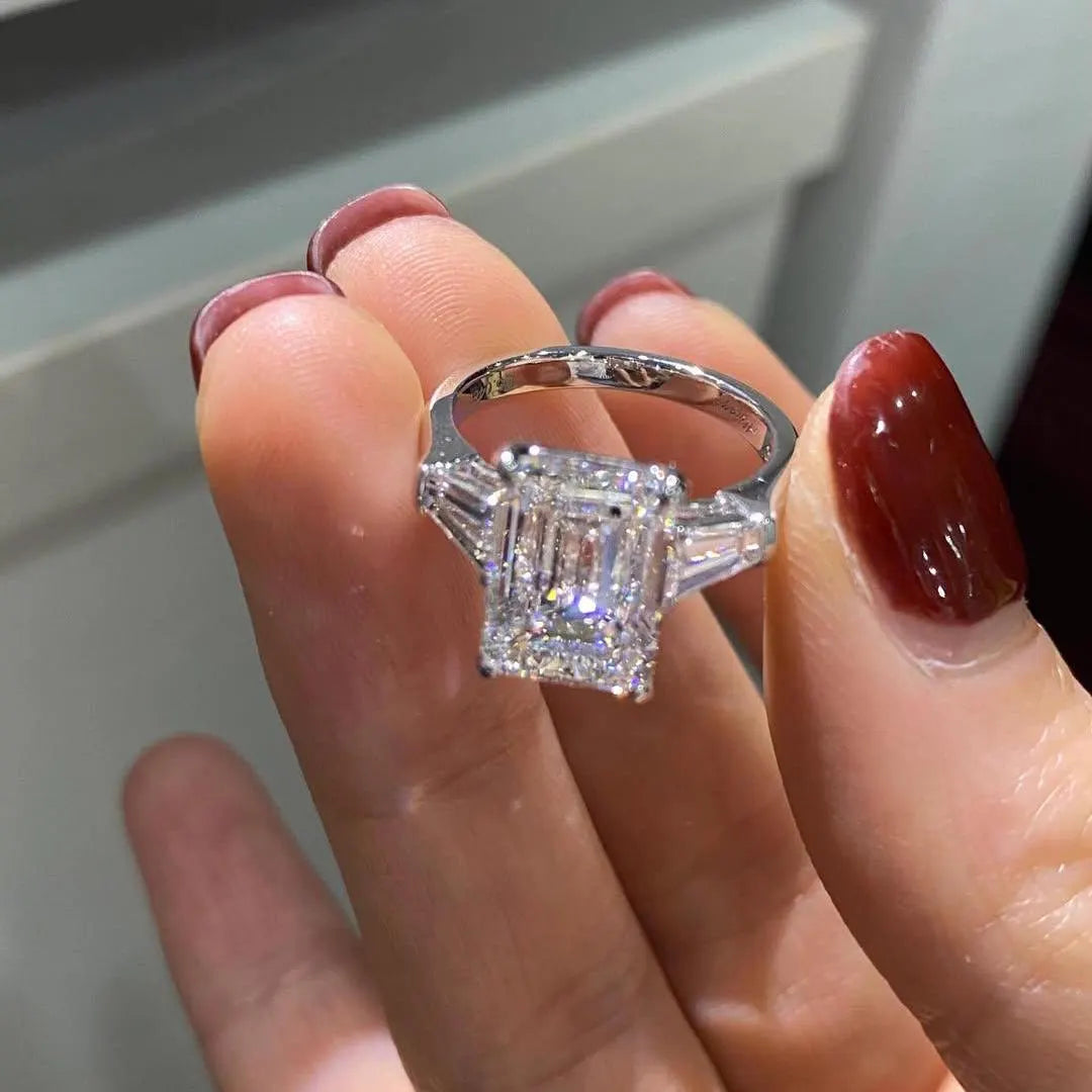 Emerald 5.50tcw Lab Diamond Three Stone Cathedral Ring | IGI Certified | D-E-F | VVS–VS