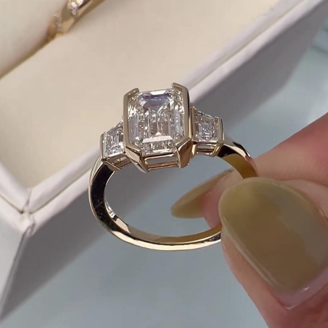 Emerald 4.00tcw Lab Diamond Three Stone Half Bezel Ring | IGI Certified | D-E-F VVS–VS