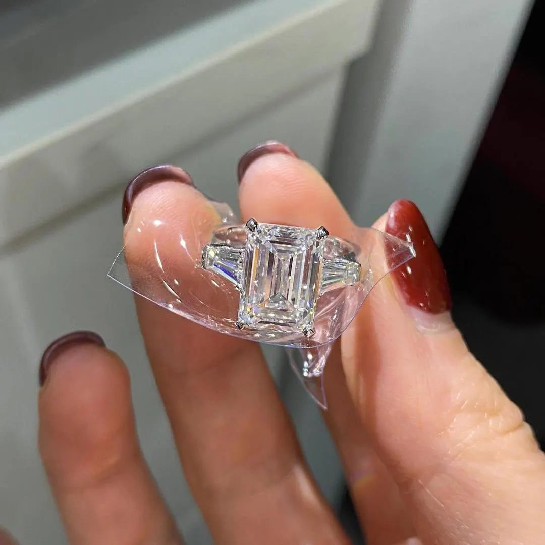 Emerald 5.50tcw Lab Diamond Three Stone Cathedral Ring | IGI Certified | D-E-F | VVS–VS